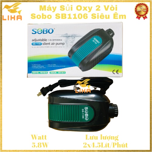Máy Sủi Oxy 2 Vòi Sobo SB1106 (5.8W- 2x4.5Lít/Phút) - Máy Oxi Chạy Êm Cho Bể Cá