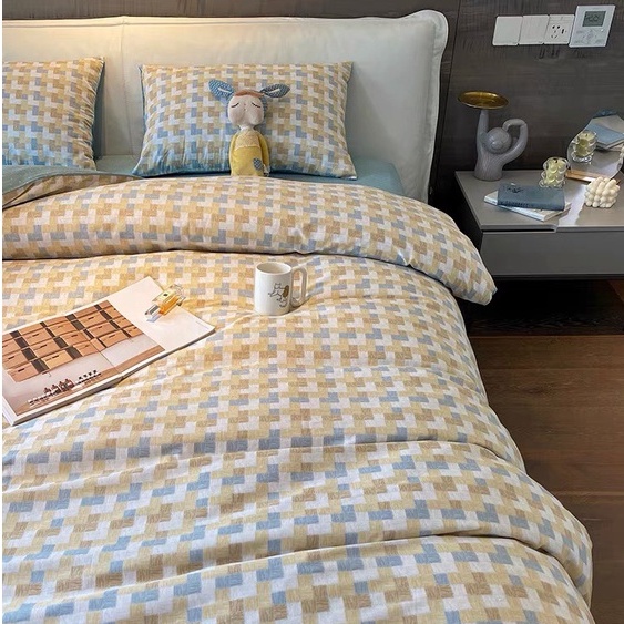 Bộ chăn ga gối cotton organic nhập khẩu kẻ vàng ga xanh Dreamhome