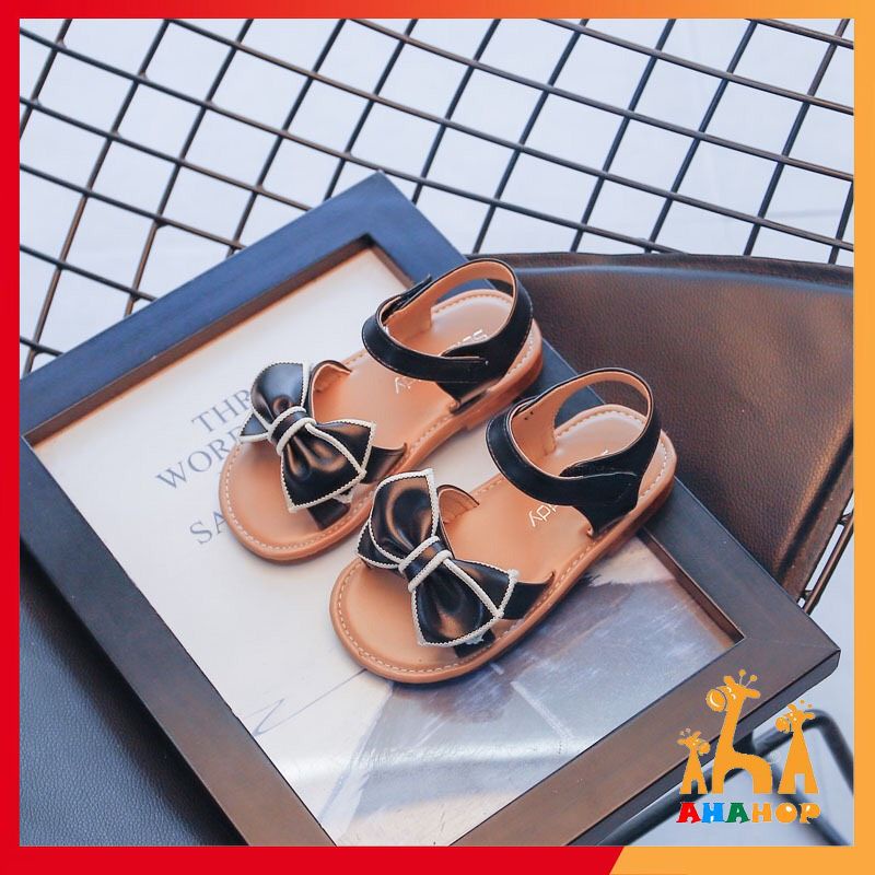 Sandal bé gái - Dép sandal chất da PU mềm nhẹ phối Nơ viền thêu quai dán tiện lợi phong cách Hàn Quốc mới nhất M63