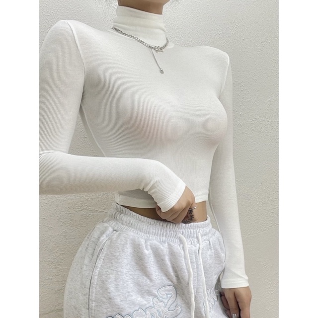 Áo thun croptop nữ cổ lọ tay dài trơn ôm body form basic Luviecloset