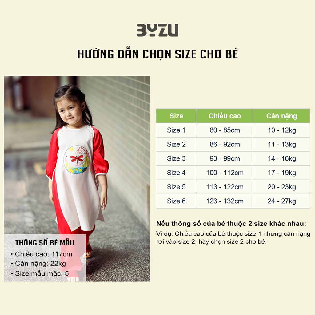 Áo dài cho bé gái BYZU kiểu áo dài cách tân cổ tròn thêu chuồn chuồn, chất liệu lụa cao cấp