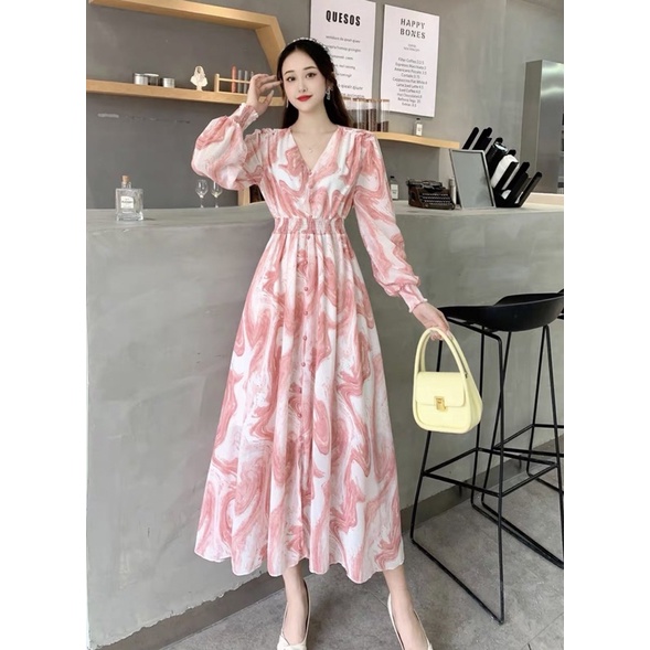 #1821  Đầm tay dài dáng cổ chữ V 6 màu chất voan họa tiết loang siêu xinh