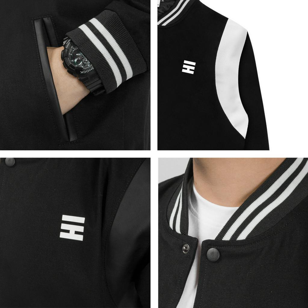 Áo khoác nam bomber Varsity vải kaki nút bấm có túi trong đựng đồ tay phối da HIDDLE  | H05-AK2