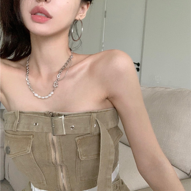 Set Áo Ống Denim + Chân Váy Lưng Cao Thiết Kế Quyến Rũ Thời Trang Mùa Hè