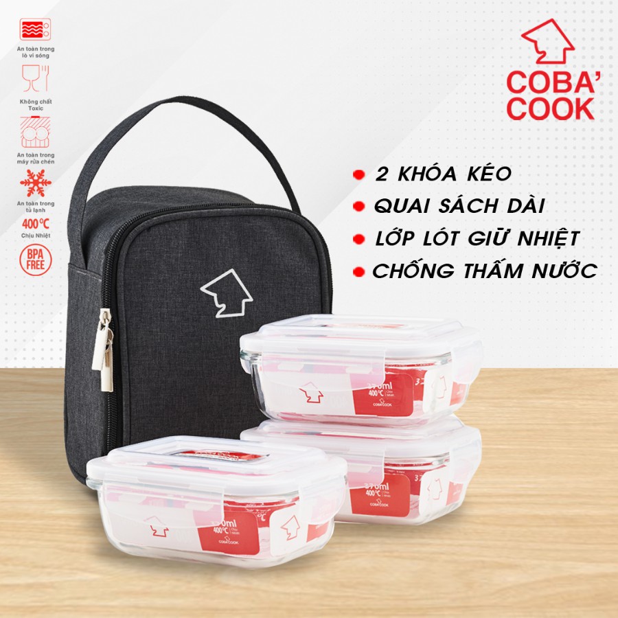 Bộ túi hộp đựng cơm thủy tinh chịu nhiệt COBA'COOK 3 hộp chữ nhật 370ml và 1 túi giữ nhiệt -CCL33BS