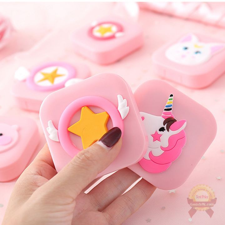 Khay Hộp đựng lens 6in1 3D ngộ nghĩnh để kính áp tròng và dụng cụ lấy lens hình heo mèo độc giác dễ thương