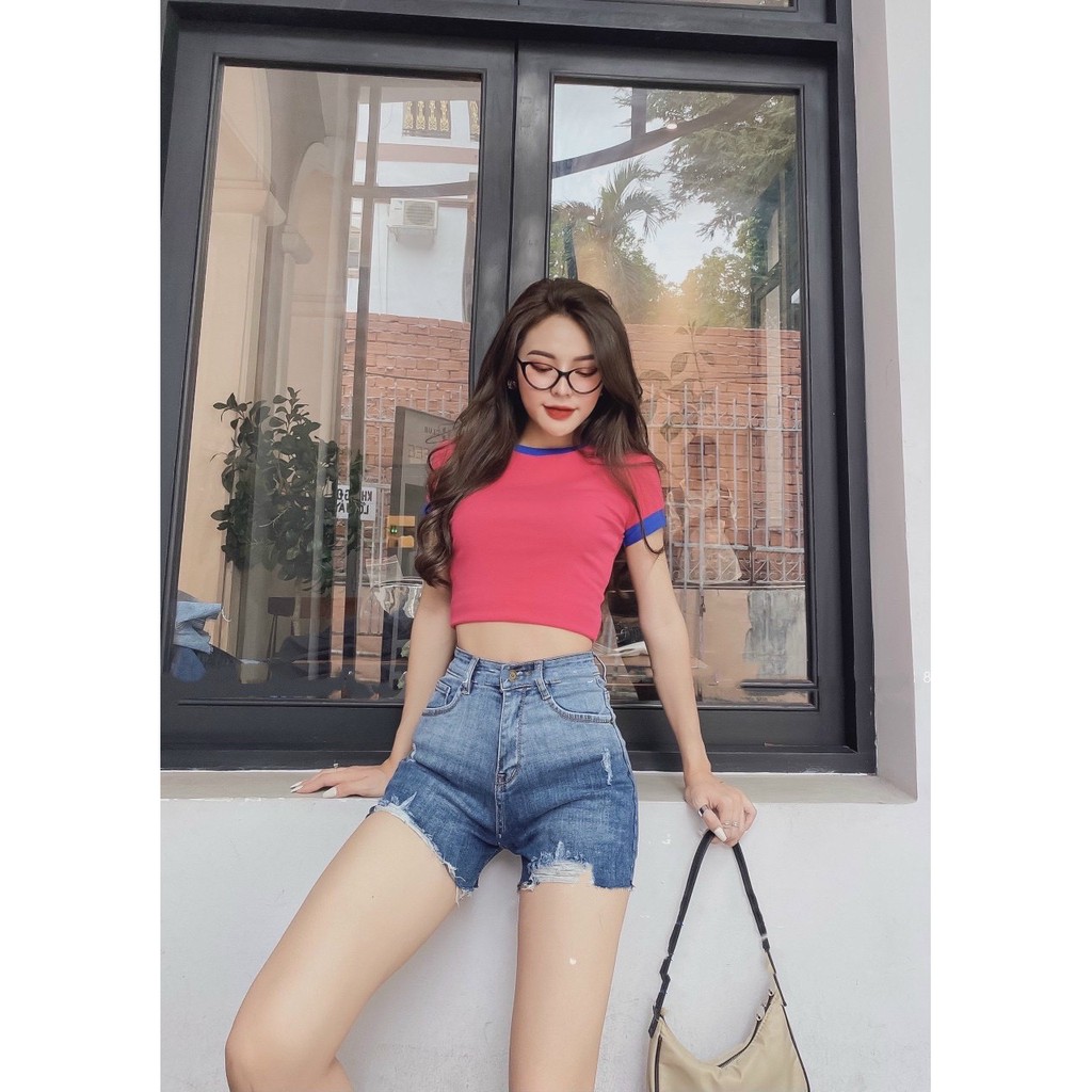 Quần short jean nữ BigSize lưng cao trên rốn, co dãn mạnh, rách loang tua lai dành cho người béo 60kg~90kg 3949