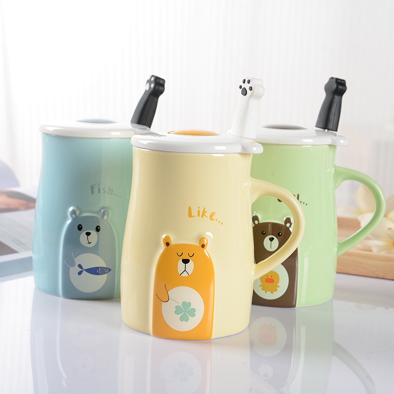 Cốc sứ PASTEL BEAR - KHẮC TÊN THEO YÊU CẦU ý nghĩa, ly sứ CÓ NẮP và THÌA, dung tích 450ml, HÔP QUÀ TẶNG in logo, in hình