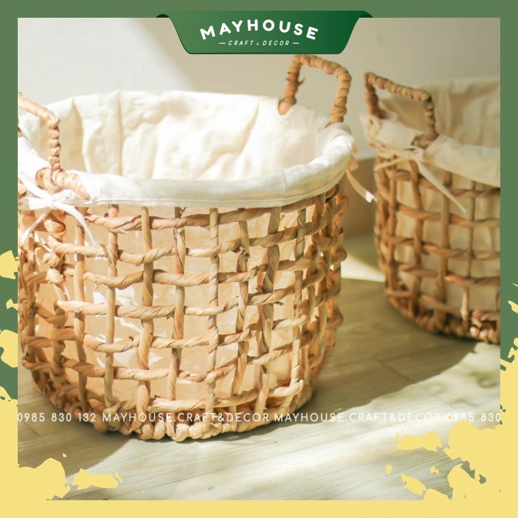 Sọt giỏ lục bình, kèm lót vải, xưởng MAYHOUSE, đan Kỹ, sọt đựng quần áo, home decor, phụ kiện chụp ảnh