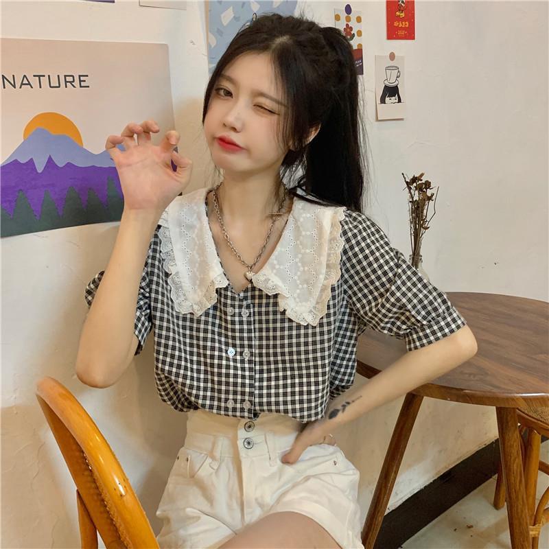 Áo Kiểu Tay Ngắn Phồng Dáng Rộng Họa Tiết Sọc Caro Phong Cách Retro Cho Nữ