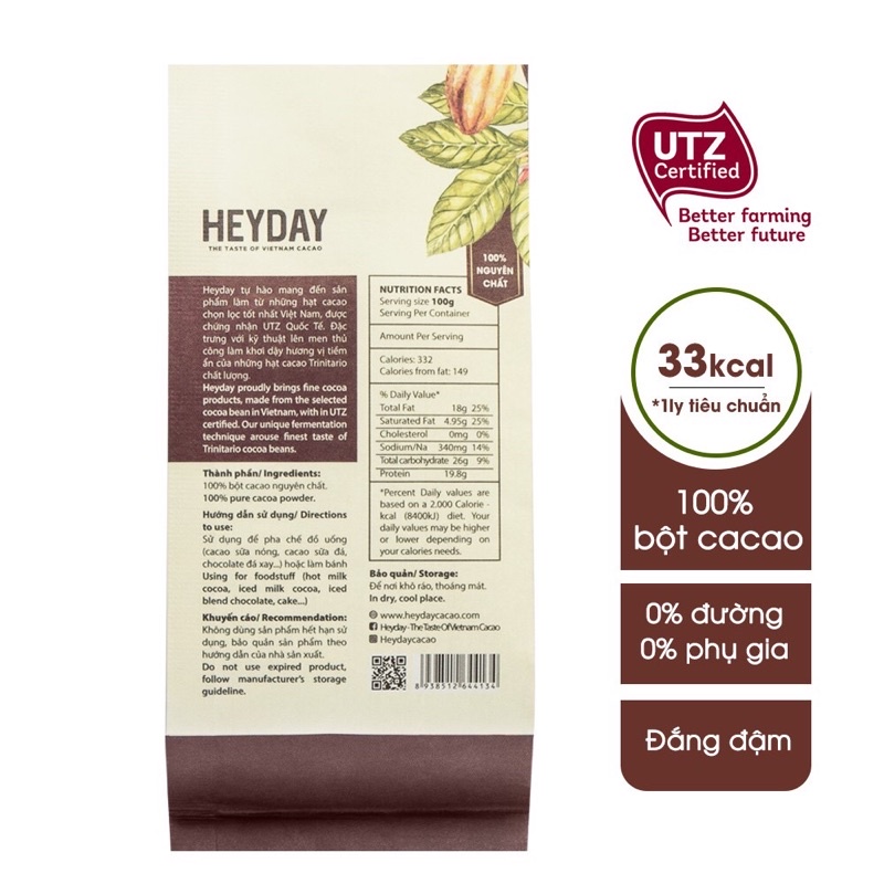 Bột cacao nguyên chất không đường, Bột cacao sữa Heyday - Túi 100g