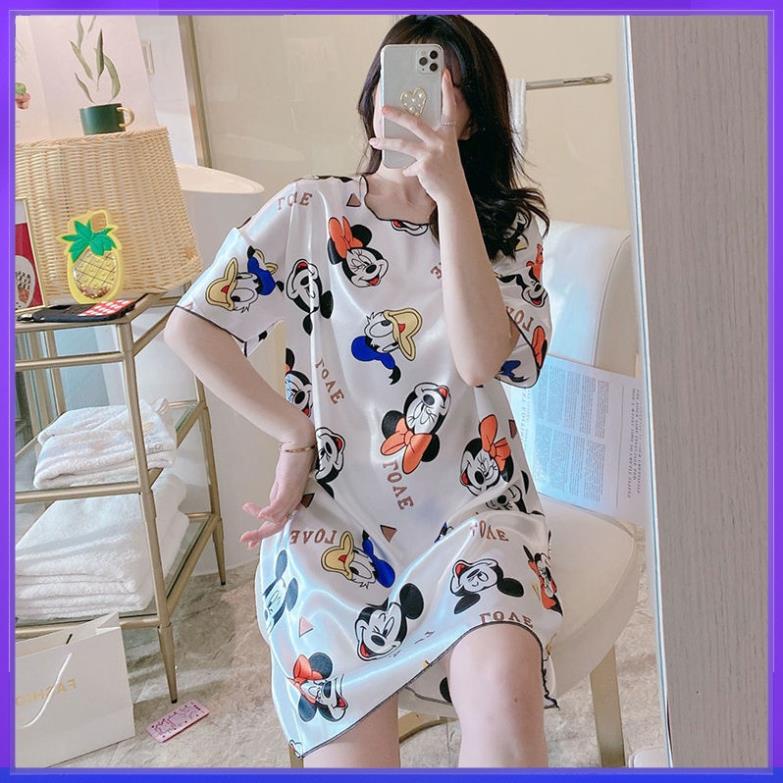 Váy Ngủ Nữ Lụa Satin Trơn Dáng Xuông Đồ ngủ Kiểu Vải Lạnh Mặc Cực Thích đồ mặc nhà,Đầm ngủ *