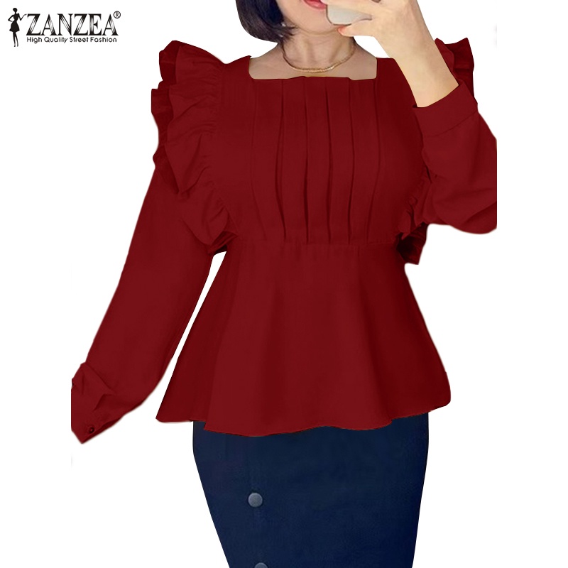 Áo ZANZEA cổ vuông màu trơn phối bèo thời trang Châu Âu cho phái nữ