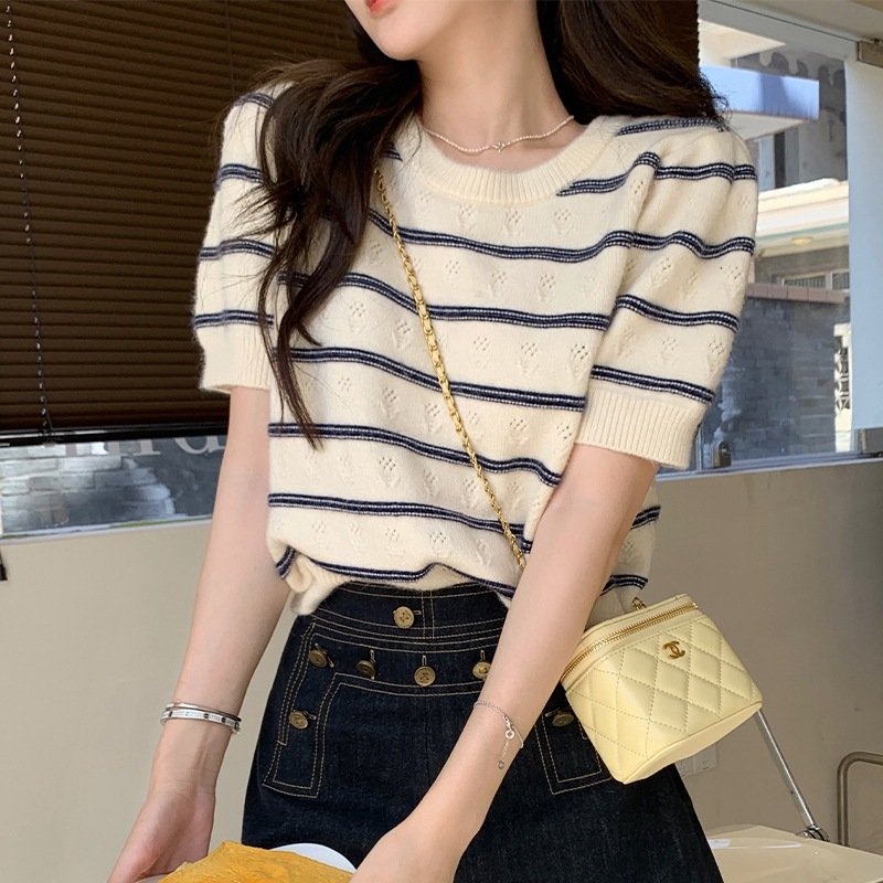 【Hana and Alice】Áo Thun Dệt Kim Tay Ngắn Dáng Rộng Chất Lụa Mềm Mại Hợp Thời Trang