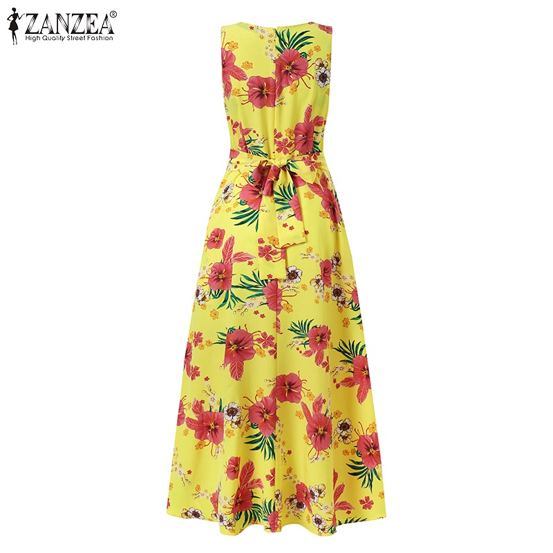 ZANZEA Đầm Dài Dáng Chữ A In Họa Tiết Hoa Kèm Túi Và Thắt Lưng Phong Cách Châu Âu Thời Trang Cho Nữ