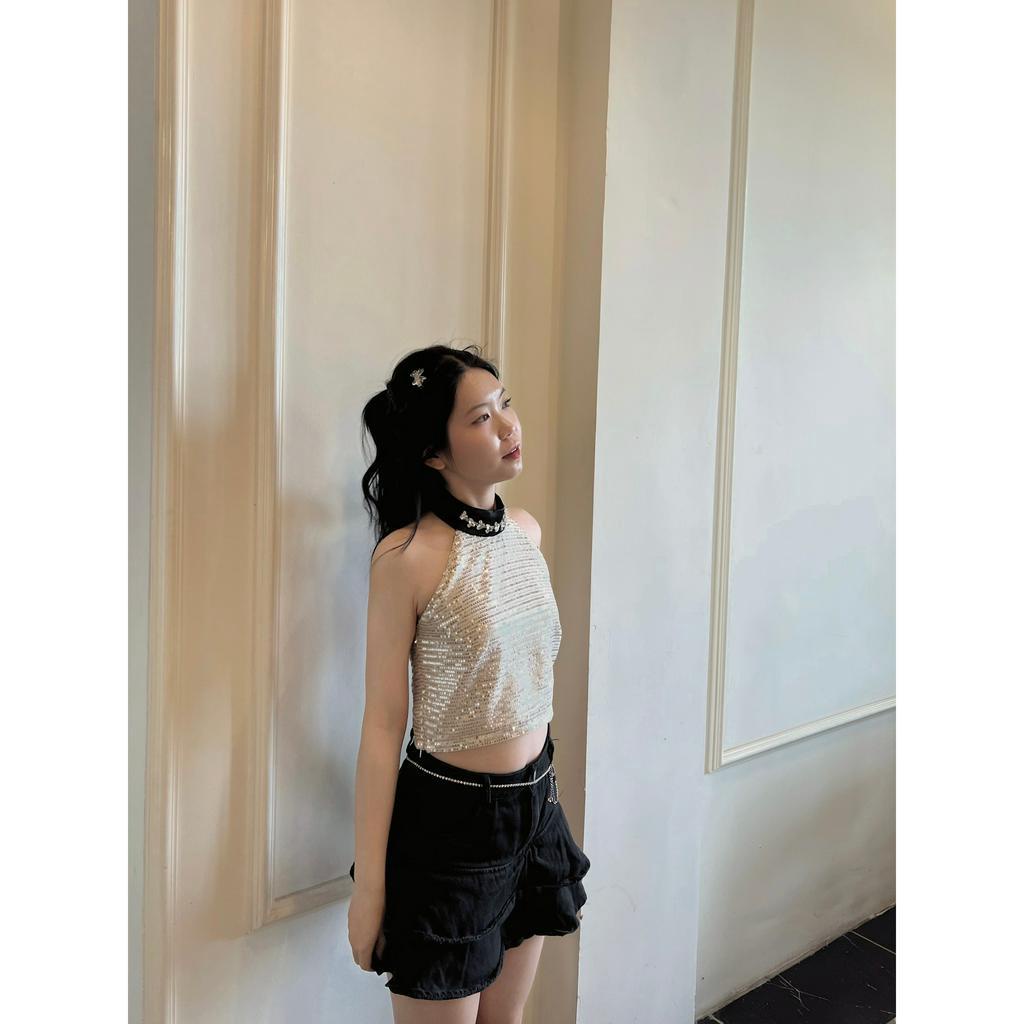 Áo cổ yếm kim sa lấp lánh cổ đính kết sang chảnh tiểu thư thiết kế Bonheur Bling Top