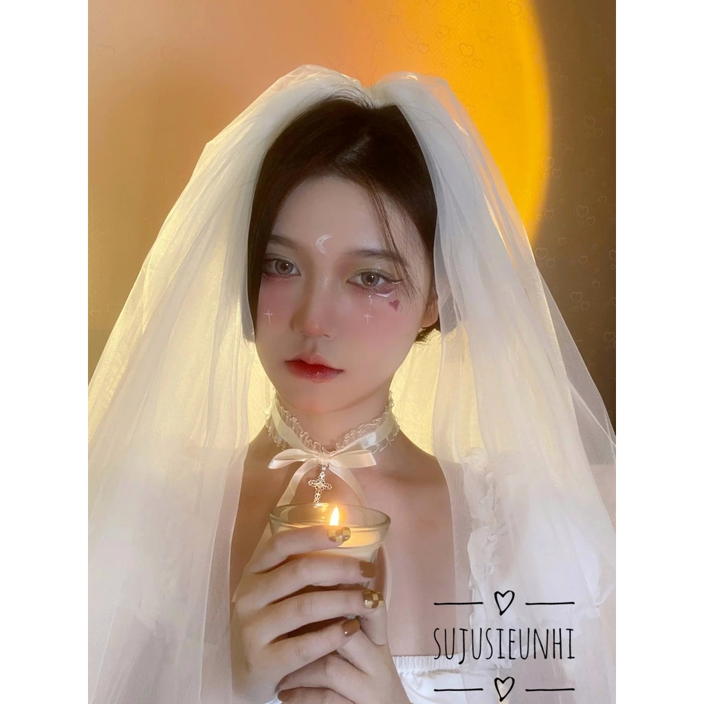 (2 màu) Vòng cổ choker ren đính nơ có đuôi dài gắn chữ thập phong cách gothic