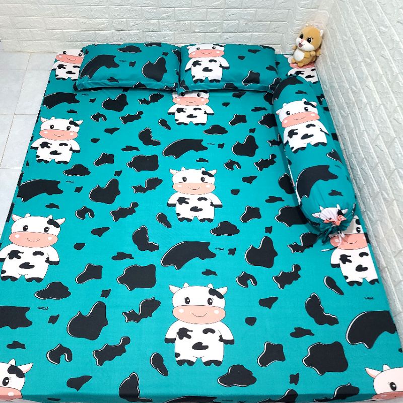 BỘ DRAP THUN HÀN QUỐC BÒ SỮA CUTE [ 4 MÓN : 1 GA TRẢI GIƯỜNG, 2 VỎ GỐI NẰM, 1 VỎ GỐI ÔM ].