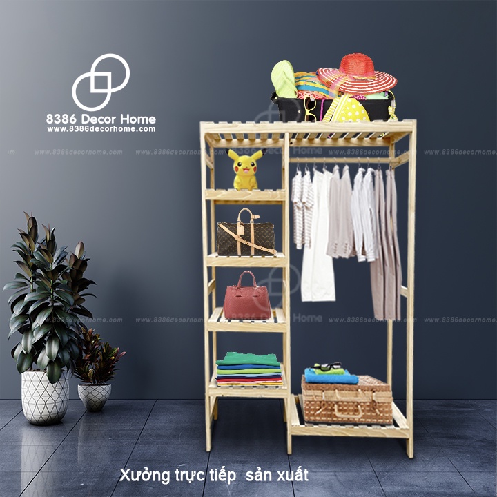 Kệ treo quần áo 2 ngăn gỗ thông sơn màu trắng Decor homstay, phòng khách sạn, trang trí, cửa hàng shop quần áo
