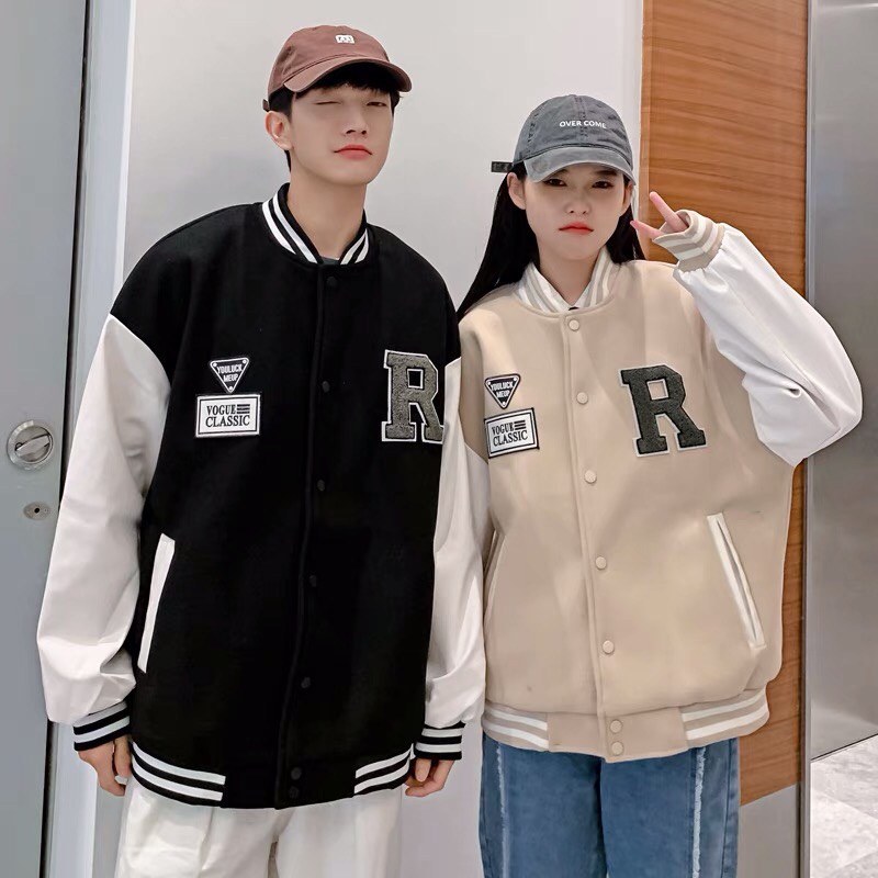 Áo Khoác Bomber Varsity Jacket Bóng Chày Thêu Chữ 𝐑 Chất Da Lộn Lót Dù Form Rộng Basic Nam Nữ Unisex Couple Ulzzang