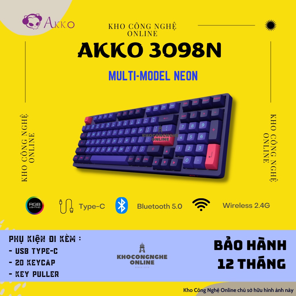 Bàn phím cơ AKKO 3098N Multi-modes NEON Bluetooth - 5.0 / Wireless 2.4G / Hotswap / Foam tiêu âm / Foam đáy / TTC switch