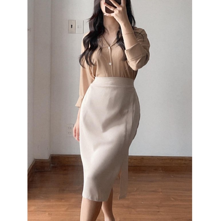Chân váy midi Bingshop - chân váy xẻ cạp chun dáng dài freeship
