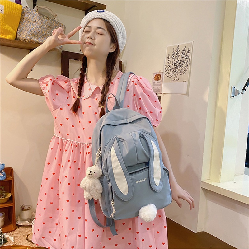 Balo Đi Học Nữ Cute Balo Du Lịch Họa Tiết Tai Thỏ Đáng Yêu Chất Liệu Không Thấm Nước (Kèm Móc Gấu)