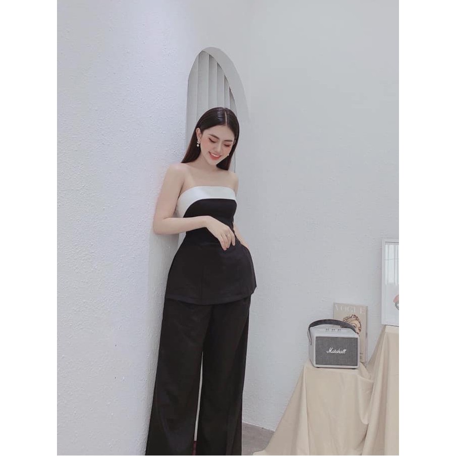 Áo cúp ngực trễ vai đen viền trắng xẻ lai siêu xinh
