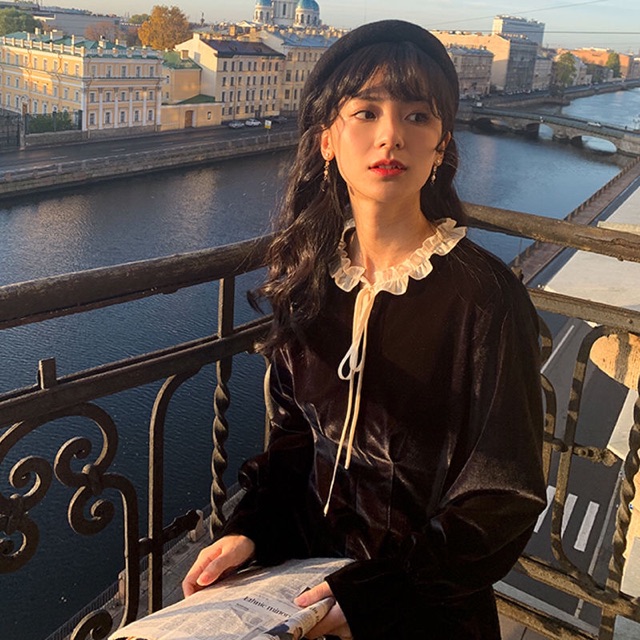 Váy nhung dáng dài xoè cổ bèo nơ vintage