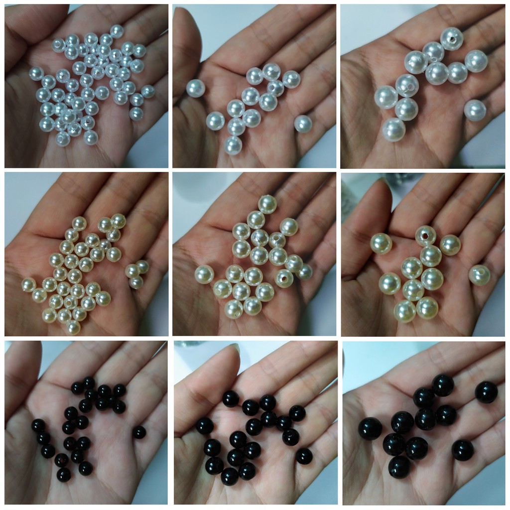 Gói 25gr hạt bẹt, hạt cườm nhựa 3 màu trắng, trắng ngà, đen size 6-8-10 ly