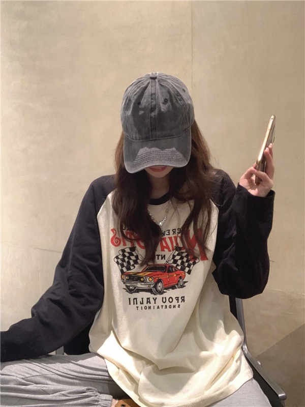 Áo Thun Raglan Cổ Tròn Dài Tay Dáng Rộng In Màu Sắc Tương Phản Phong Cách Retro Mùa Thu 55774