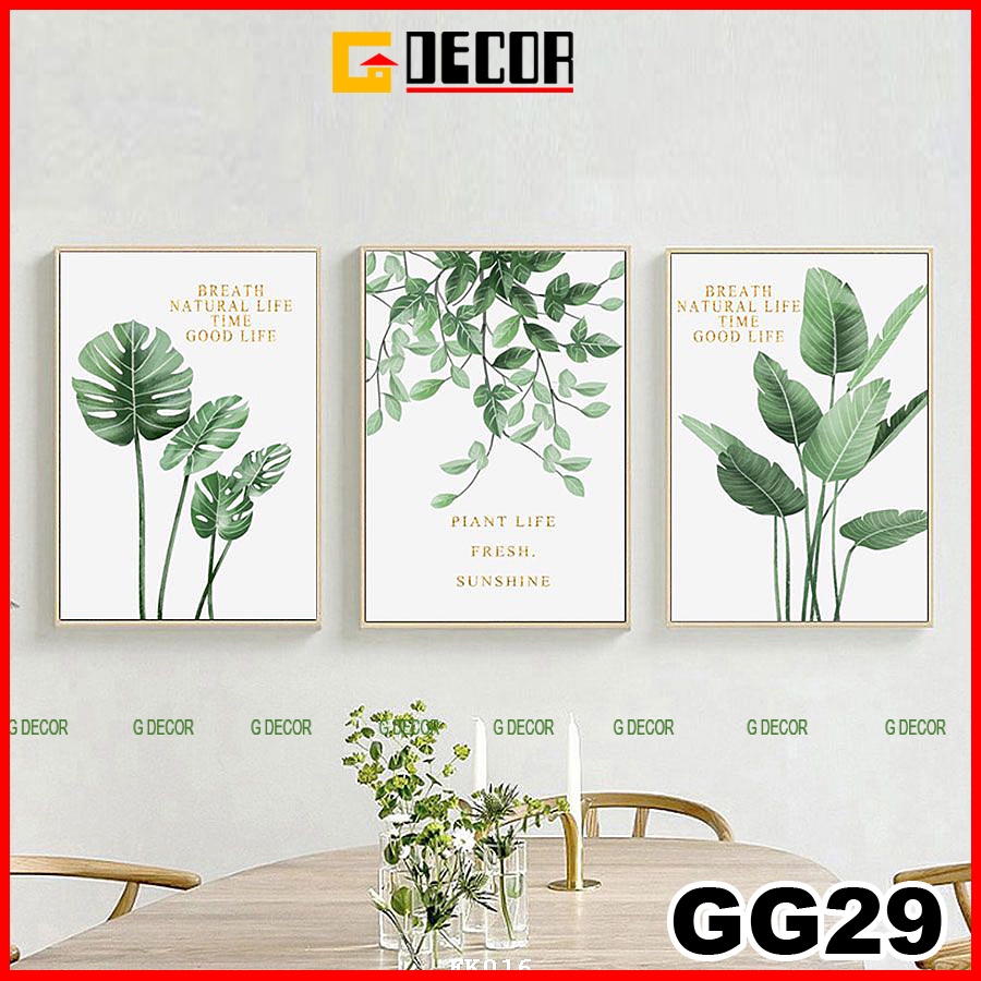 Tranh treo tường canvas khung gỗ 3 bức phong cách hiện đại Bắc Âu tranh lá cây trang trí phòng khách phòng ngủ spa 29