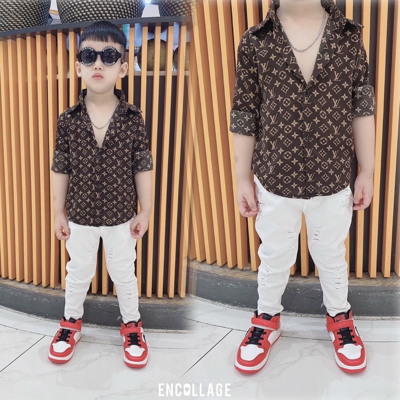 Bộ quần kaki và áo sơ mi lụa dài tay cho bé 8-18kg