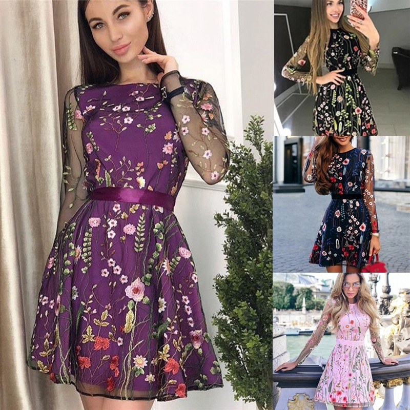 Đầm Mini Tay Lưới Trong Suốt Thêu Hoa Phong Cách Bohemian Thời Trang Mùa Hè Quyến Rũ Cho Nữ