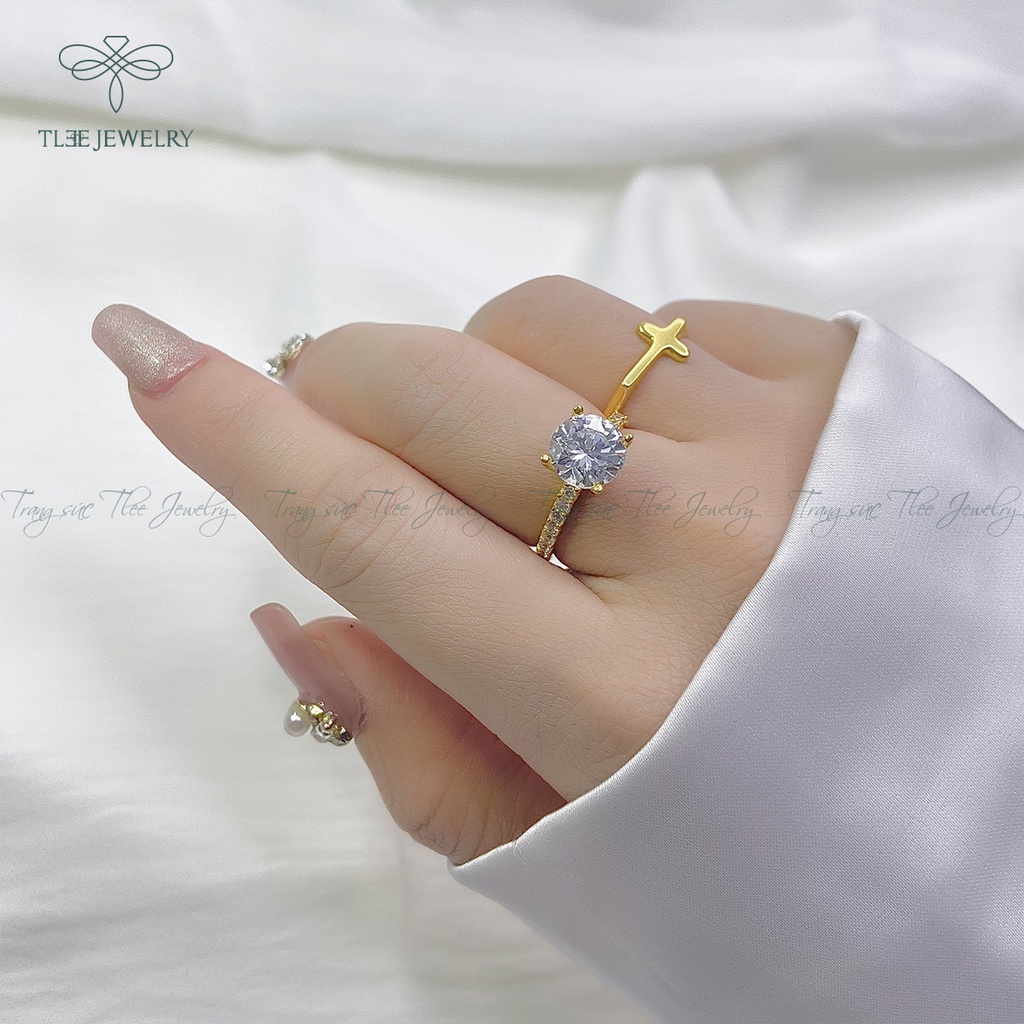 Nhẫn bạc nữ TLEE trụ đá bốn chấu mạ vàng 14k ổ đá 8li sang trọng NCJ A0150