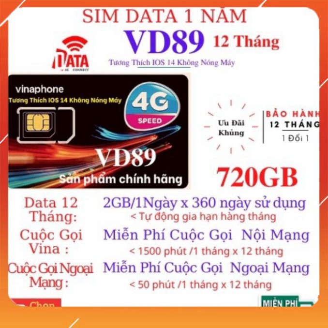 GIẢM TỚI BẾN [FreeShip] Sim 4G Vina VD89 VD149 Miễn Phí Data 2GB - 4GB 1 Ngày Và Gọi 12 Tháng Không Cần Nạp Tiền GIẢM TỚ