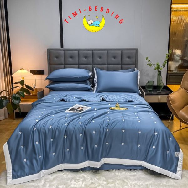 Bộ chăn ga gối hè lụa tencel 60s thêu tim nhập khẩu cao cấp, mát mẻ – Timibedding