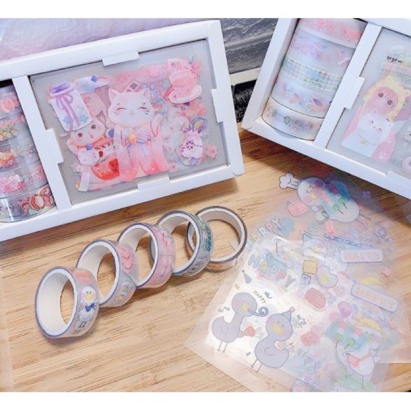 Set 5 cuộn băng keo trang trí Washi Tape kèm 8 sticker đồng bộ