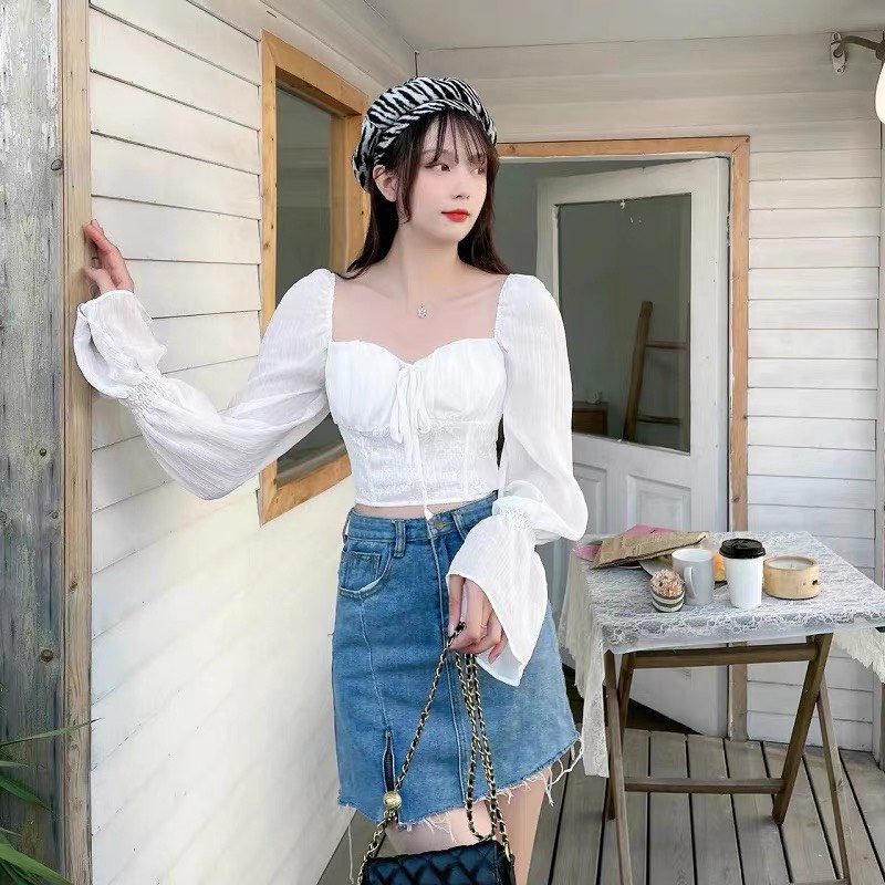 Áo croptop tay dài YUNA tay bồng  thân kiểu dáng corest có đệm mút siêu hách dáng, thời trang nữ YUNA_A004