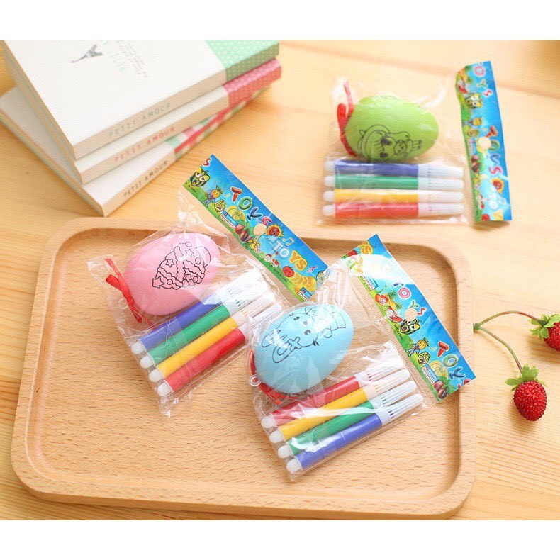 Đồ Chơi Tập Tô Quả trứng in sẵn hình nghộ nghĩnh cho bé_kèm 4 bút màu dạ_ Đồ dùng học tập cho bé