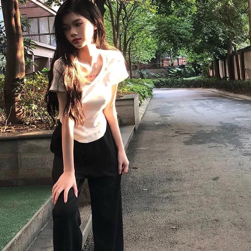 Set Áo Thun Ngắn Tay Và Quần Dài Ống Rộng Thời Trang Mùa Hè Mới Cho Nữ