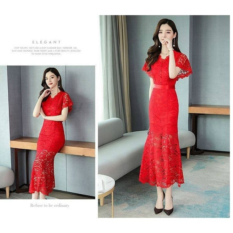 HÀNG QC - ĐẦM BODY REN HOA ĐỎ ĐUÔI CÁ DÁNG DÀI SANG CHẢNH - MH587