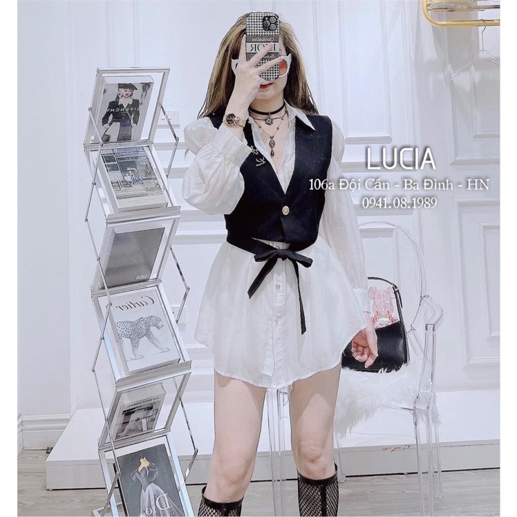 Set sơ mi tay phồng phối áo gile thêu chữ HGC729