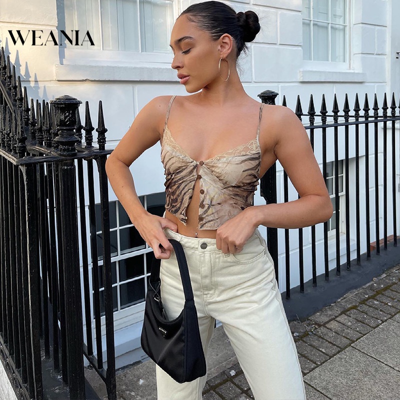 Áo Lửng Hai Dây Phối Ren Lưới Xuyên Thấu In Họa Tiết Hổ Quyến Rũ Phong Cách Mùa Hè