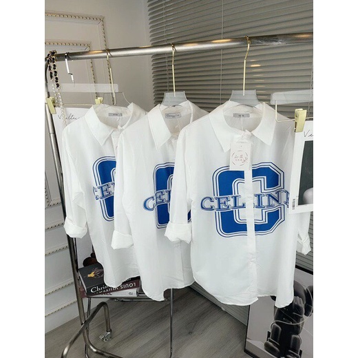 [ ZADOLA FASHION] Áo sơ mi chữ C xanh nữ đẹp kiểu form rộng tay dài hình thêu chất lụa cao cấp màu Trắng