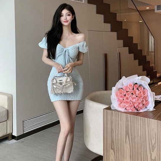 [MURIOKI] Đầm Tay Ngắn Phồng Cổ Chữ V Hở Lưng Ôm Dáng Thời Trang Hàn Quốc Cho Nữ