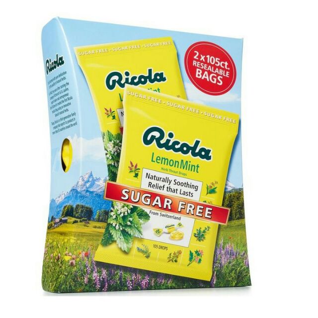 KẸO NGẬM CHANH THẢO MỘC KHÔNG ĐƯỜNG RICOLA HỘP 2 TÚI x 105 VIÊN