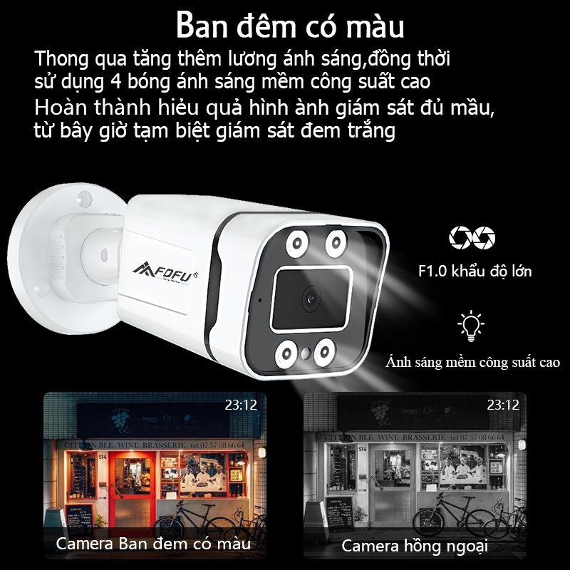 Trọn bộ camera 8 mắt FOFU 3.0MP FHD,8 wifi camera + 1 đầu ghi,Chuẩn chống nước IP67,Không cần dây,Không cần cáp mạng