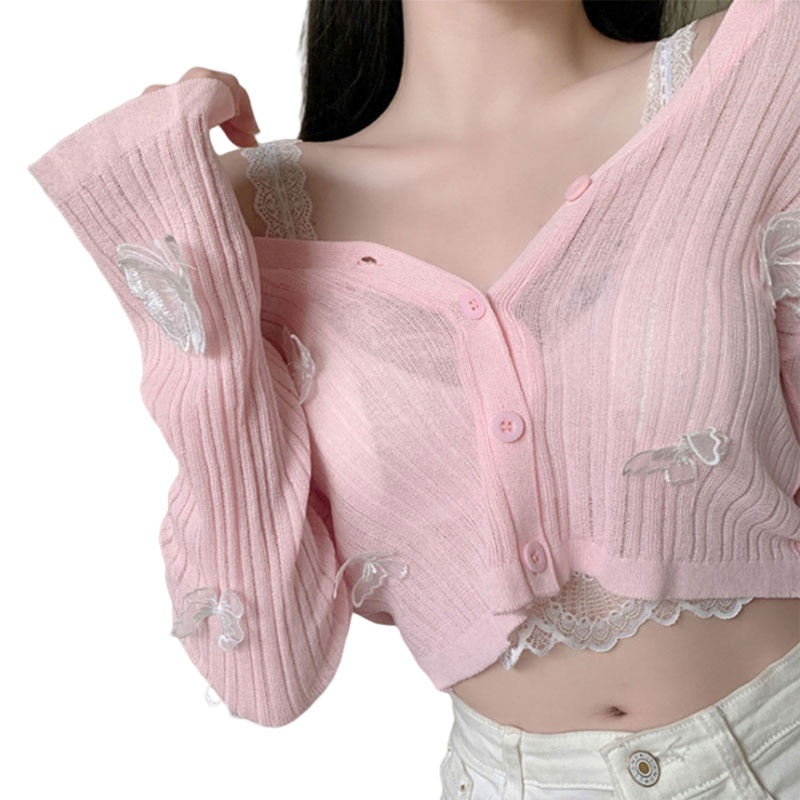 Áo Khoác Len Cardigan Tay Dài Phối Lưới Mỏng Đính Nút Họa Tiết Bướm 3D Dễ Thương Cho Nữ