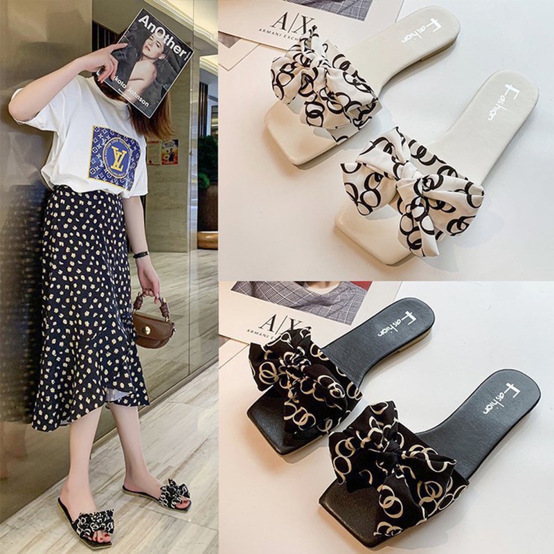 Dép đi biển hở ngón XIELUAIZTA đế bằng chống trượt đính nơ thời trang Hàn Quốc dành cho nữ